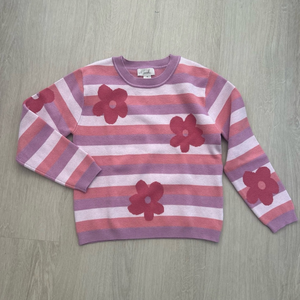 Peek Pink and Purple Striped Sweater with Floral Accents size 8